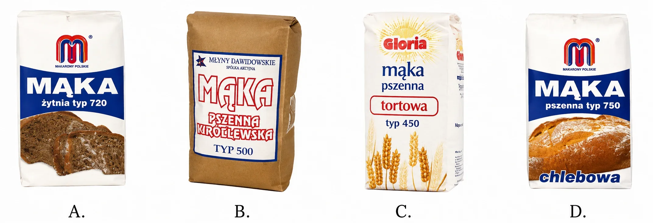 Cztery opakowania mąki oznaczone typami 720, 500, 450 i 750 do porównania zawartości popiołu