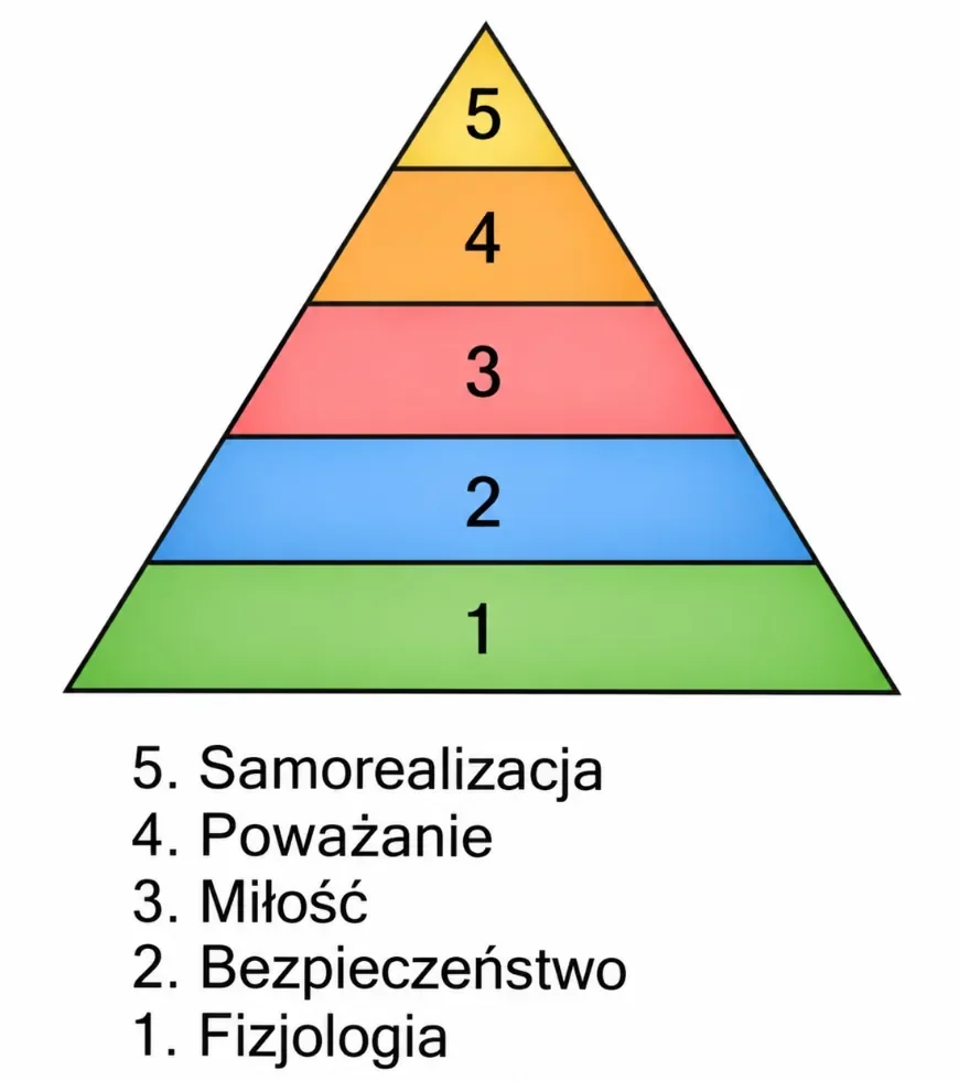 Piramida pięciu poziomów: 1 fizjologia, 2 bezpieczeństwo, 3 miłość, 4 poważanie, 5 samorealizacja