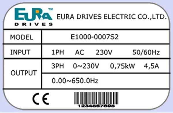 Tabliczka znamionowa falownika EURA DRIVES E1000-0007S2 z danymi wejścia i wyjścia