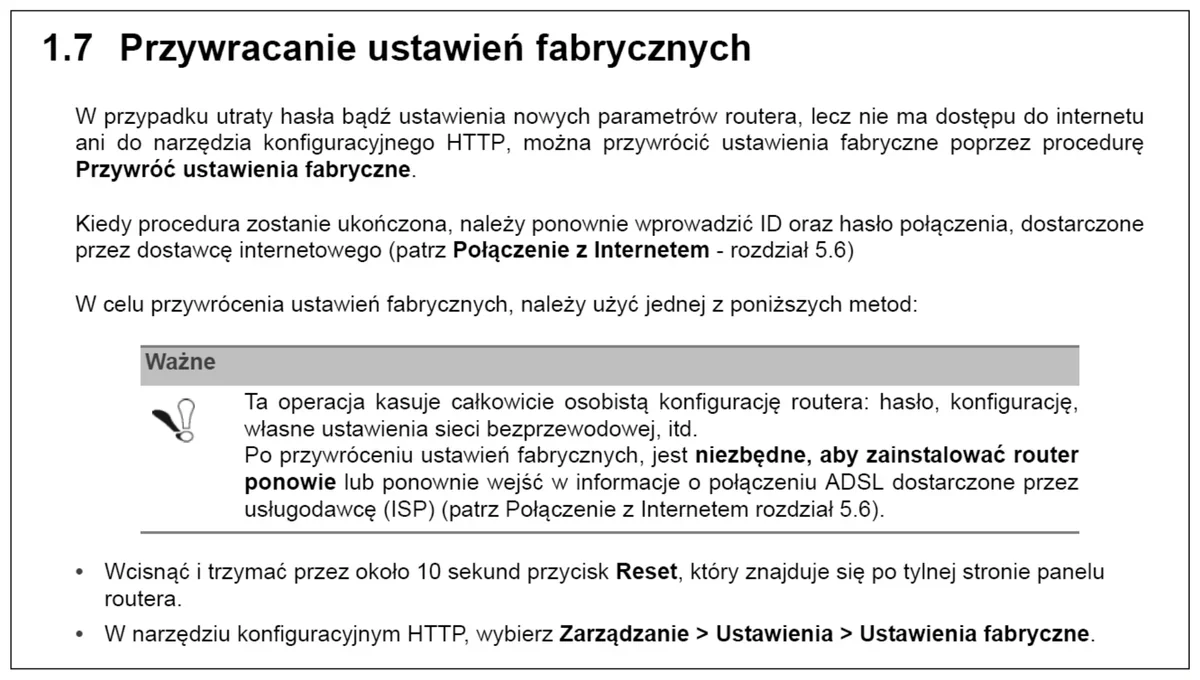 Fragment instrukcji rutera: rozdział 1.7 Przywracanie ustawień fabrycznych z opisem procedury i ramką z ostrzeżeniem