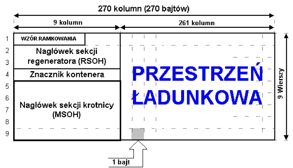 Schemat struktury ramki: 270 kolumn, 9 wierszy, nagłówki RSOH i MSOH, wskaźnik kontenera i przestrzeń ładunkowa
