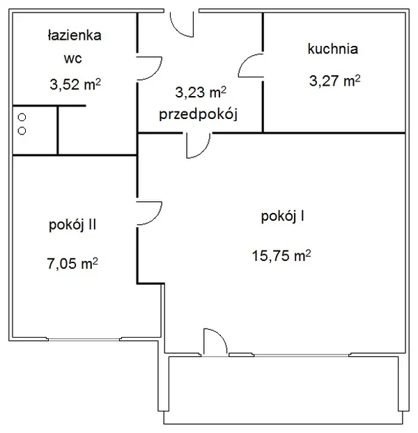 Plan lokalu: pokój I 15,75 m2, pokój II 7,05 m2, kuchnia 3,27 m2, przedpokój 3,23 m2 i łazienka z wc 3,52 m2
