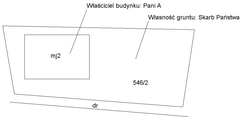 Działka 546/2 z budynkiem mj2 i drogą dr, opisy: właściciel budynku Pani A, własność gruntu Skarb Państwa