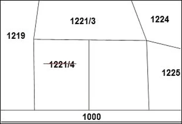 Fragment mapy z przekreślonym numerem działki 1221/4 podzielonej linią na dwie części oraz działkami sąsiednimi 1219, 1221/3, 1224, 1225 i 1000