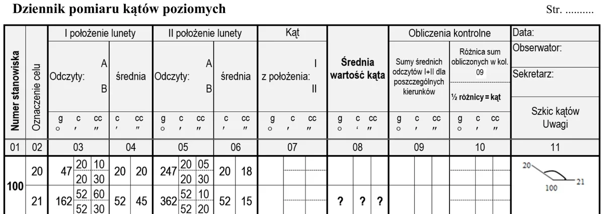 Dziennik pomiaru kątów poziomych ze stanowiskiem 100 i celami 20 i 21