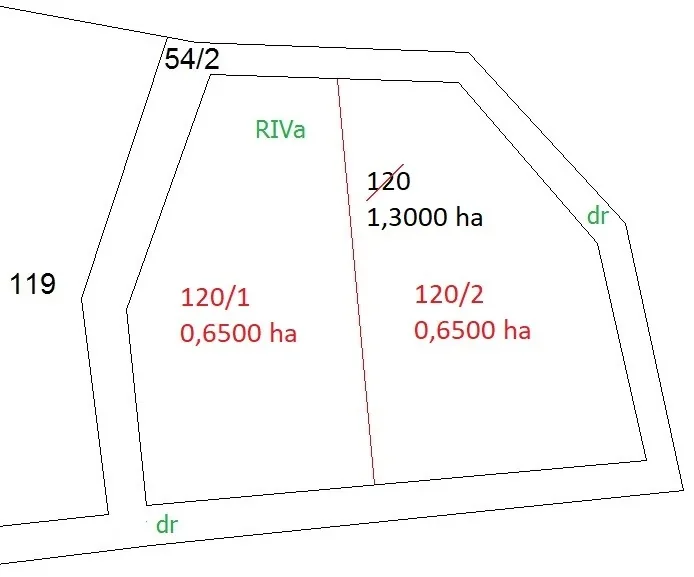 Szkic działki 120 o powierzchni 1,3000 ha podzielonej linią na działki 120/1 i 120/2 po 0,6500 ha, obok działka 119, 54/2 i drogi dr