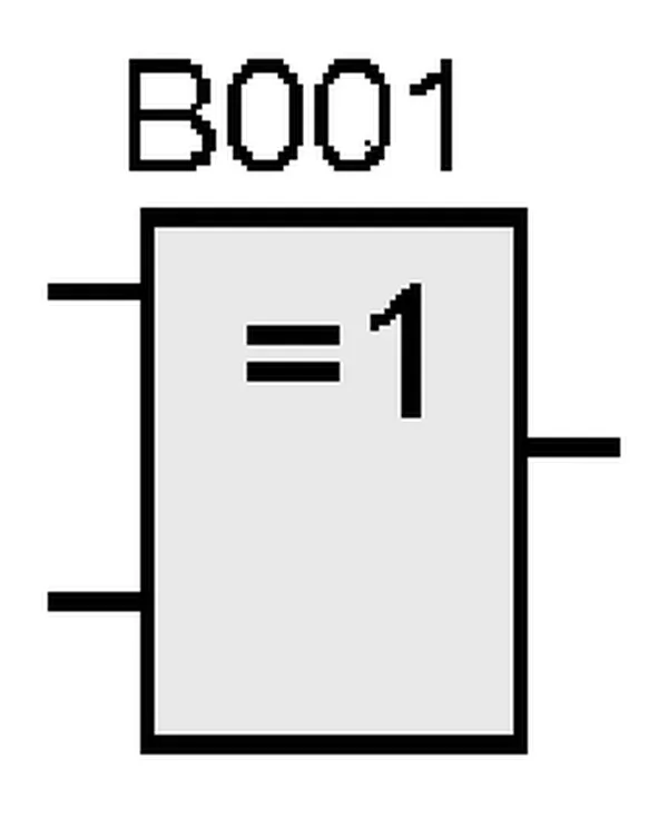 Symbol bloku FBD B001 z oznaczeniem =1, dwoma wejściami i jednym wyjściem
