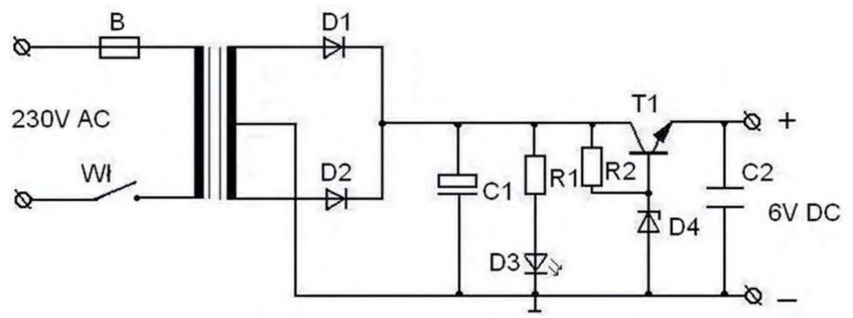 Schemat zasilacza 230 V AC na 6 V DC z transformatorem, diodami D1–D4, kondensatorami C1 i C2, rezystorami R1, R2 i tranzystorem T1