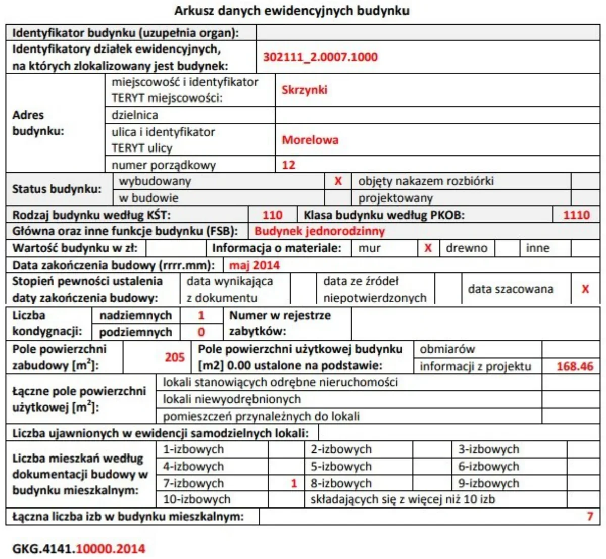 Fragment arkusza danych ewidencyjnych budynku w Skrzynkach przy ul. Morelowej 12 z polami statusu, funkcji, liczby kondygnacji, liczby mieszkań według liczby izb i łącznej liczby izb