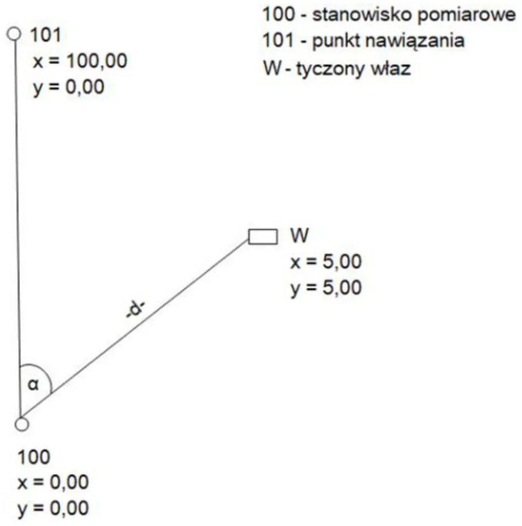 Szkic z punktem stanowiska 100, punktem nawiązania 101 i tyczonym włazem W z podanymi współrzędnymi