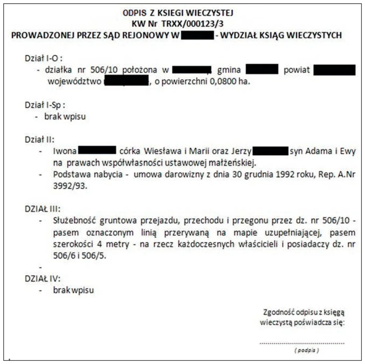 Odpis z księgi wieczystej KW TRXX/000123/3 dla działki nr 506/10 z wpisami w działach I-IV