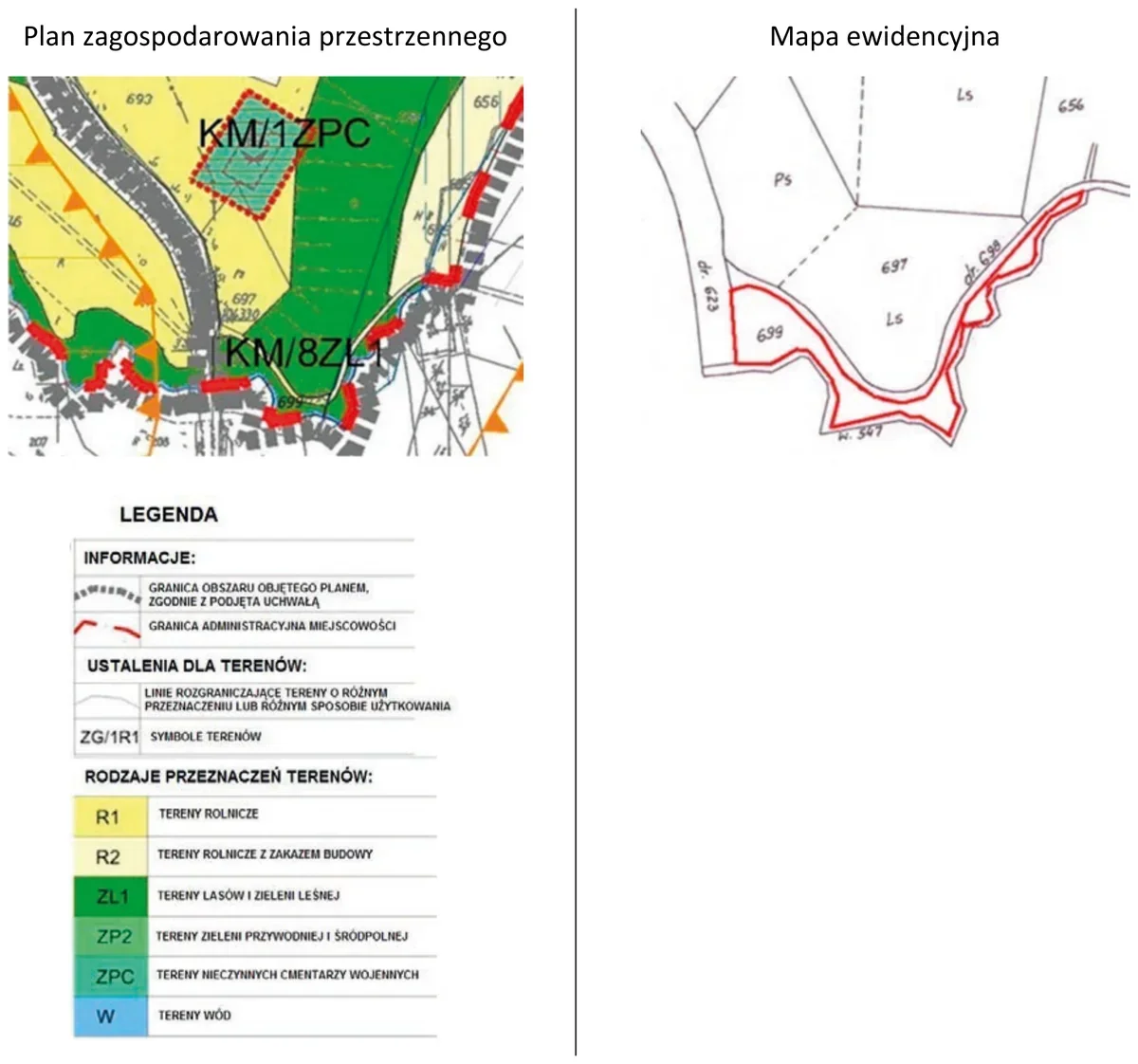 Fragment planu zagospodarowania przestrzennego z legendą przeznaczeń terenów oraz fragment mapy ewidencyjnej z działką 699