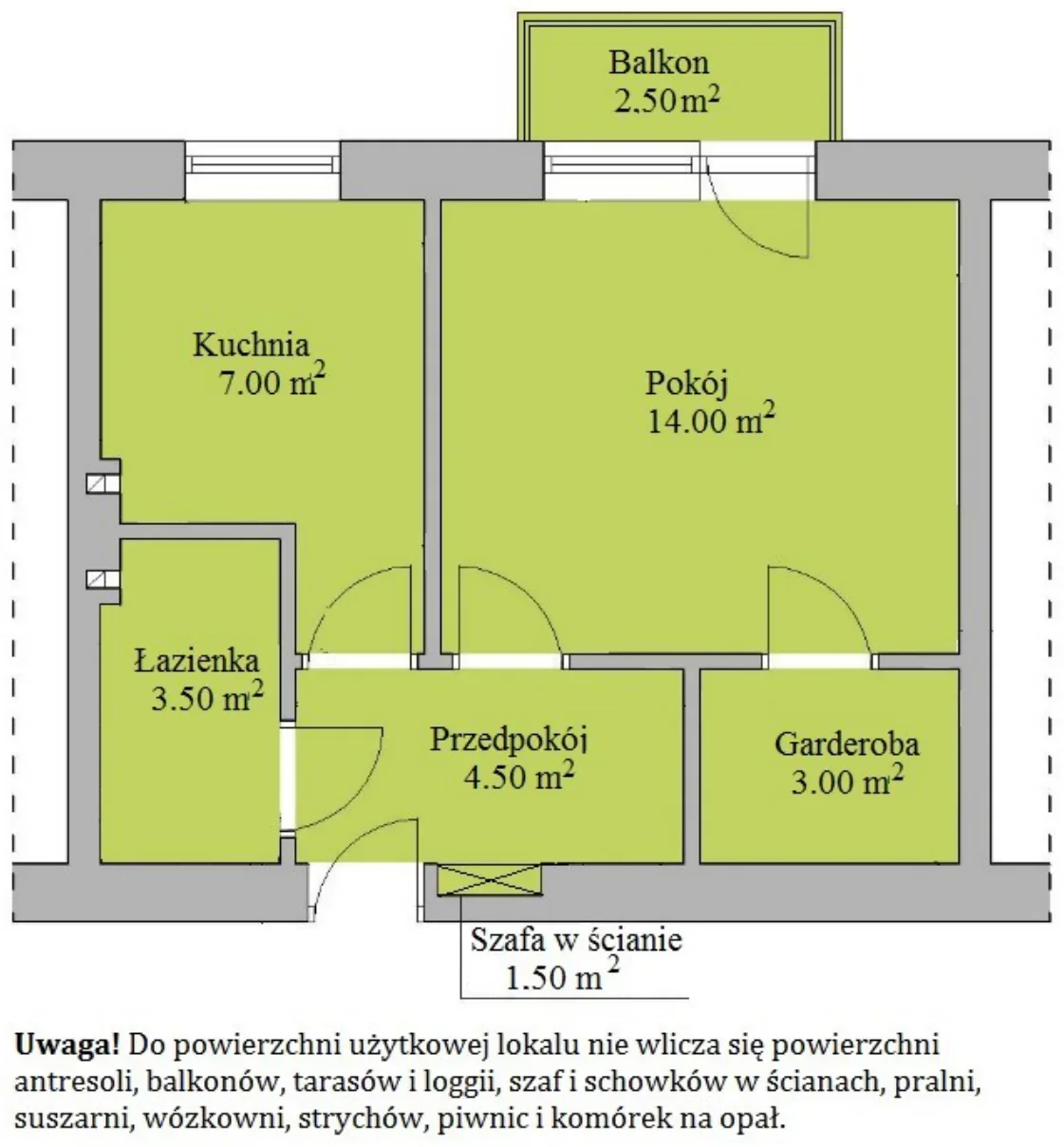 Rzut lokalu mieszkalnego z powierzchniami pomieszczeń, balkonu i szafy w ścianie oraz uwagą o zasadach liczenia powierzchni użytkowej