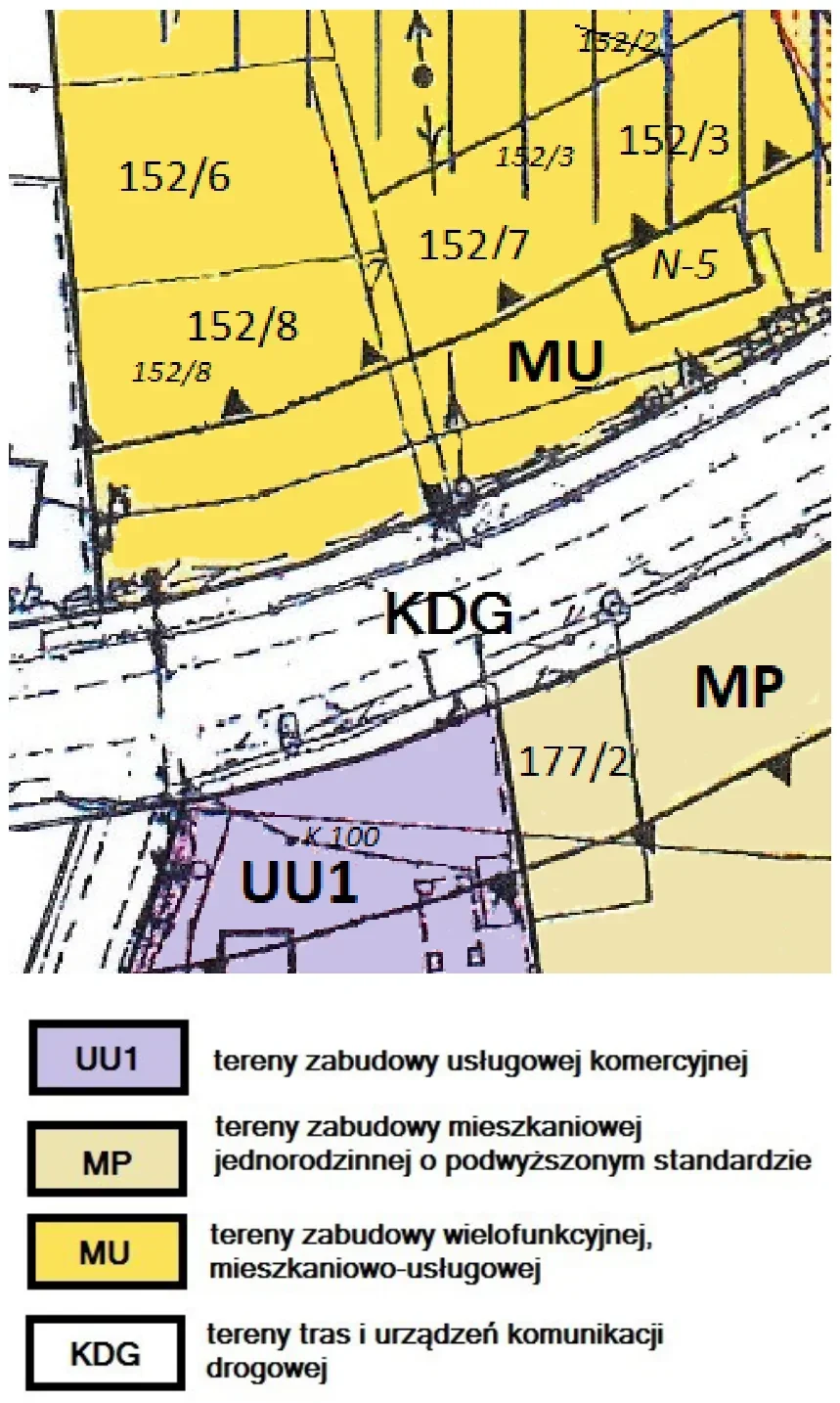 Fragment miejscowego planu zagospodarowania przestrzennego z działkami 152/6, 152/7, 152/8 i legendą oznaczeń UU1, MP, MU i KDG
