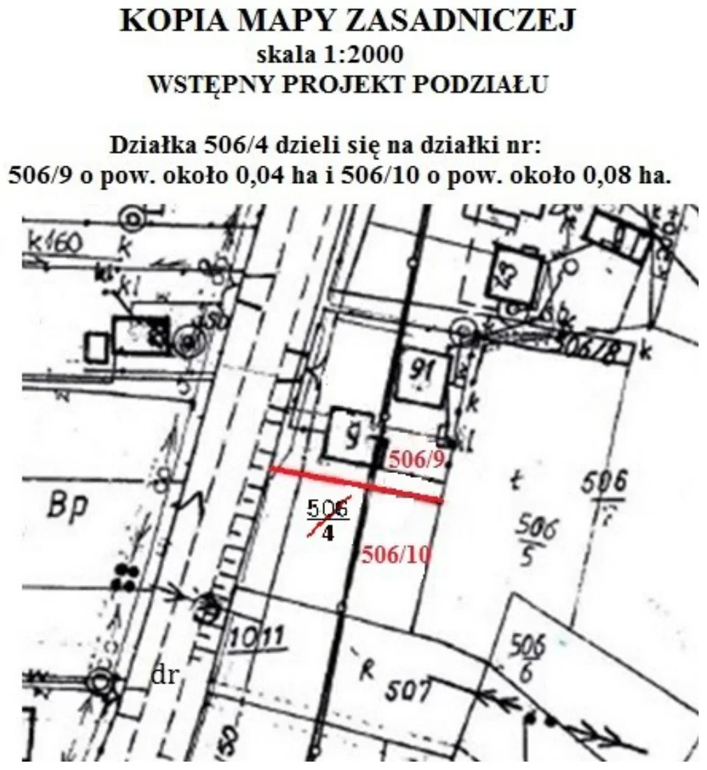 Kopia mapy zasadniczej w skali 1:2000 ze wstępnym projektem podziału działki 506/4 na działki 506/9 i 506/10