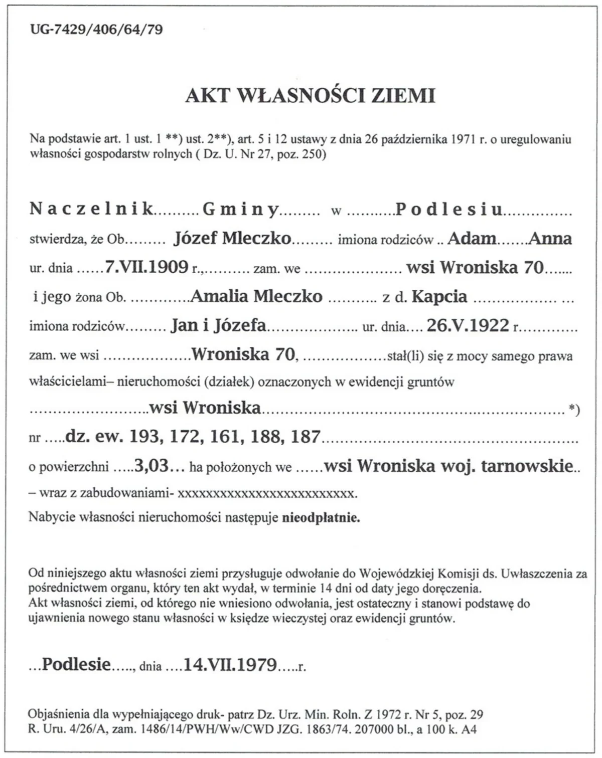 Akt własności ziemi z 1979 roku wydany przez Naczelnika Gminy w Podlesiu dla Józefa i Amalii Mleczko