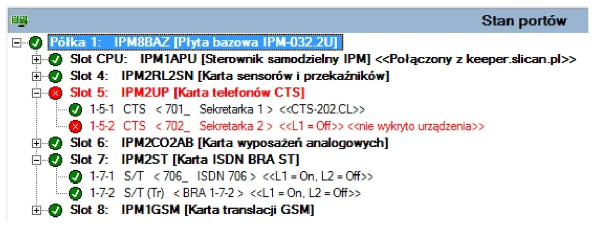 Zrzut stanu portów centrali IPM-032 z kartami CTS, ISDN BRA, analogową i GSM