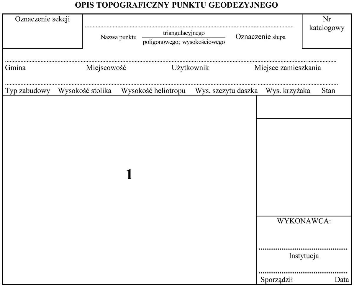 Formularz opisu topograficznego punktu geodezyjnego z polem oznaczonym cyfrą 1