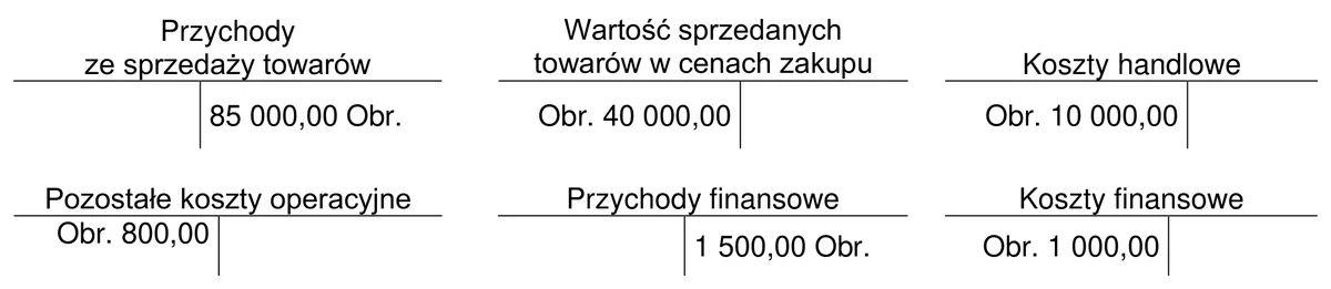Sześć kont wynikowych hurtowni z obrotami, m.in. Przychody ze sprzedaży towarów 85 000,00 zł