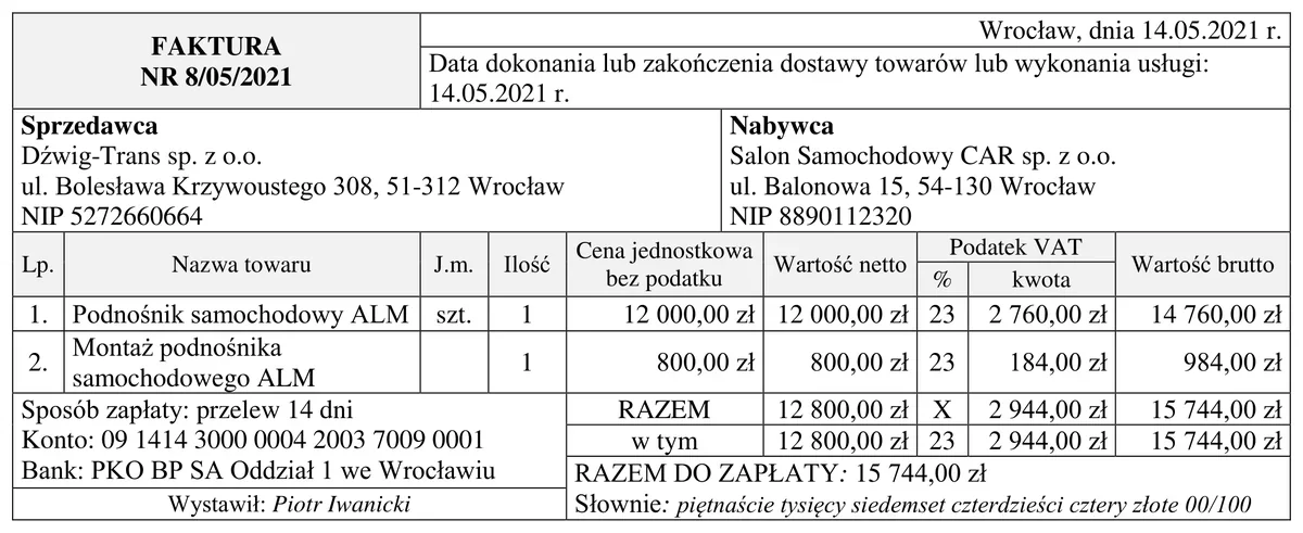 Faktura nr 8/05/2021 Dźwig-Trans dla Salonu Samochodowego CAR: podnośnik samochodowy i jego montaż