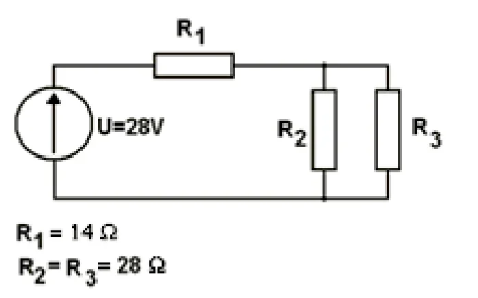 Schemat obwodu ze źródłem U=28 V i rezystorami R1 = 14 Ω oraz R2 = R3 = 28 Ω