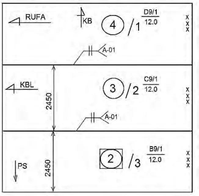 Fragment planu z oznaczeniami blach poszycia D9/1, C9/1 i B9/1 o grubości 12.0 oraz wymiarami 2450