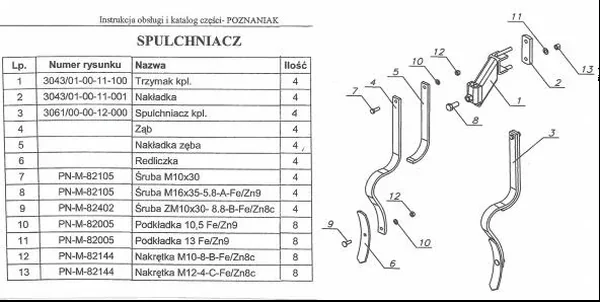 Fragment katalogu części siewnika Poznaniak - tabela i rysunek spulchniacza