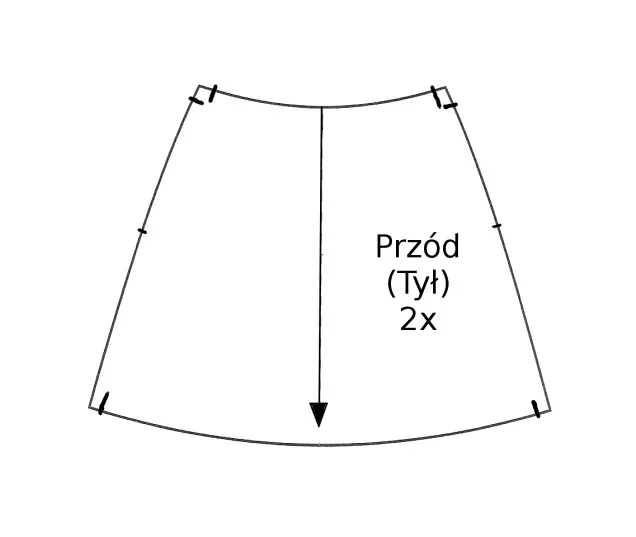 Rysunek formy przodu (tyłu) spódnicy z napisem 2x i strzałką kierunku nitki