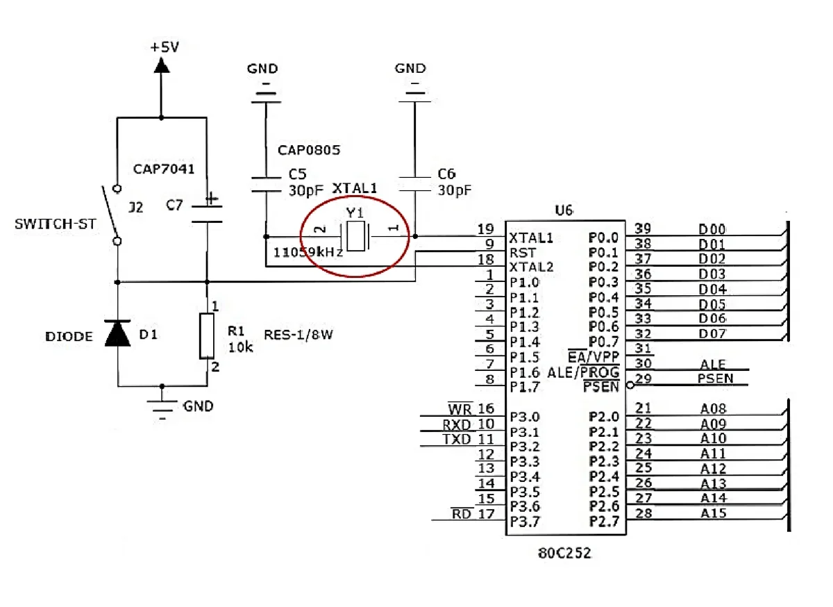 Schemat elektryczny mikrokontrolera 80C252 z elementami C5, C6, C7, R1, D1 i zaznaczonym elementem Y1