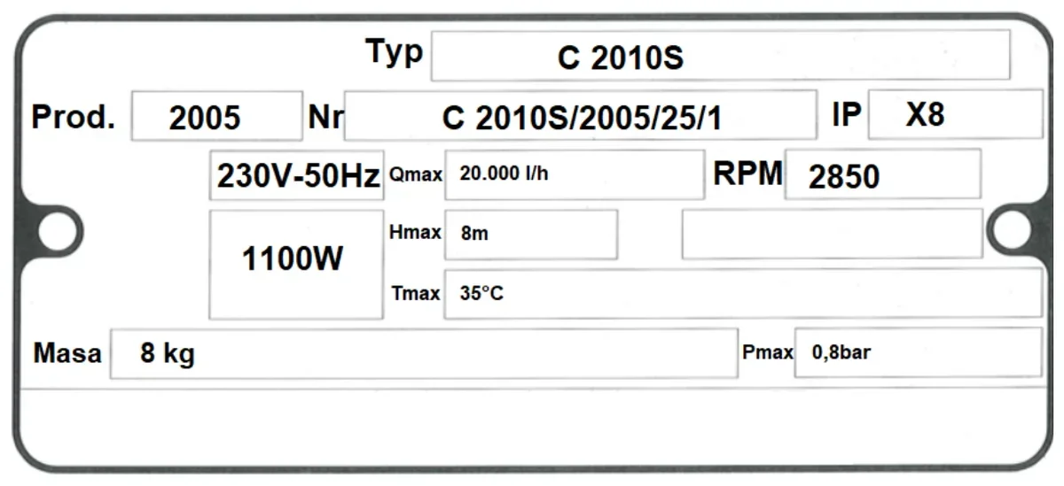 Tabliczka znamionowa pompy wody C 2010S z parametrami zasilania, mocy, wydajności i RPM
