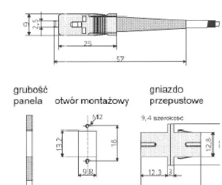 Rysunek złącza światłowodowego z wymiarami, grubością panela, otworem montażowym i gniazdem przepustowym