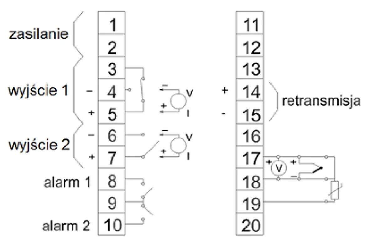 Schemat zacisków 1–20 regulatora temperatury z opisem zasilania, wyjść, alarmów i retransmisji