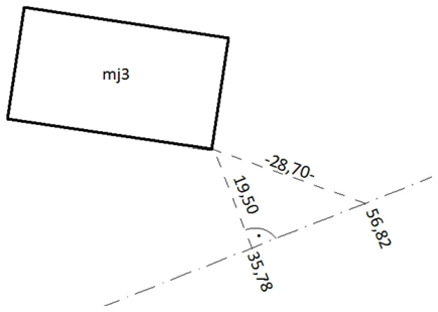Szkic pomiaru ortogonalnego narożnika budynku mj3 z miarami 19,50, 28,70, 35,78 i 56,82