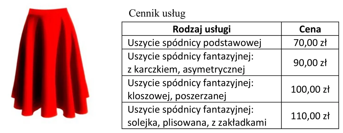 Zdjęcie czerwonej spódnicy i cennik usług krawieckich