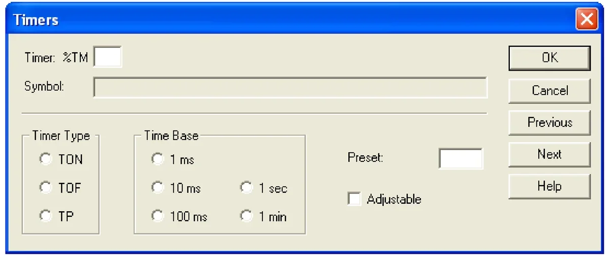 Okno konfiguracji Timers z wyborem typu TON, TOF, TP, podstawy czasu od 1 ms do 1 min, polem Preset i opcją Adjustable