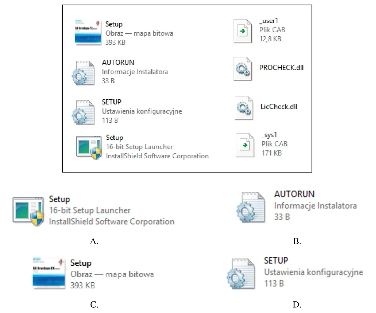 Zawartość folderu z plikami instalacyjnymi programu (Setup, AUTORUN, SETUP, _user1, PROCHECK.dll, LicCheck.dll, _sys1) oraz cztery pliki oznaczone A, B, C i D