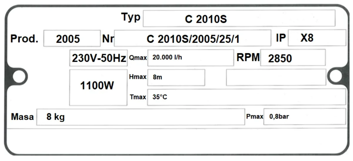 Tabliczka znamionowa pompy wody C 2010S z parametrami zasilania, mocy, wydajności i RPM