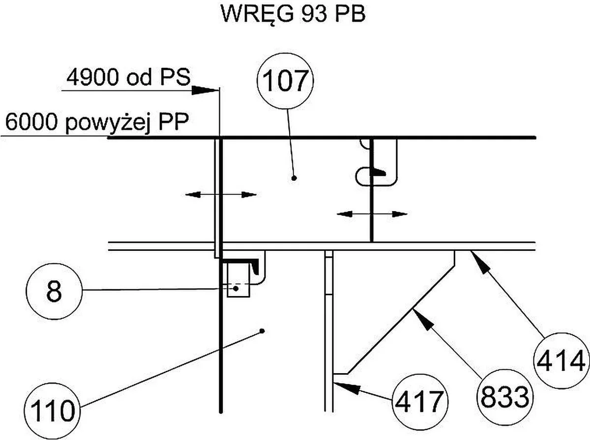 Rysunek konstrukcyjny węzła na wręgu 93 PB z elementami oznaczonymi numerami 8, 107, 110, 414, 417 i 833