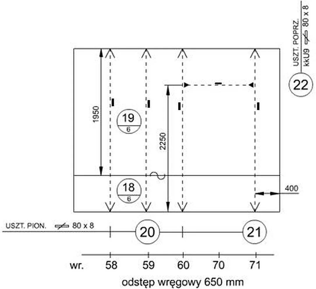 Rysunek ścianki z usztywnieniami na wręgach 58, 59, 60, 70 i 71, odstęp wręgowy 650 mm, usztywnienia 80 x 8