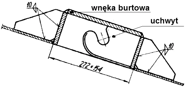 Rysunek uchwytu we wnęce burtowej z wymiarem 272 x 154 i oznaczeniami spoin