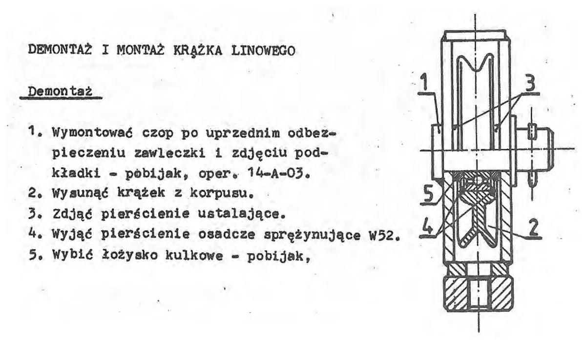 Fragment instrukcji demontażu krążka linowego z rysunkiem przekroju zespołu