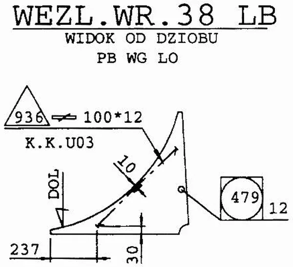 Rysunek węzłówki WEZL.WR.38 LB poz. 936 z płaskownika 100x12 z wymiarami 237 i 30