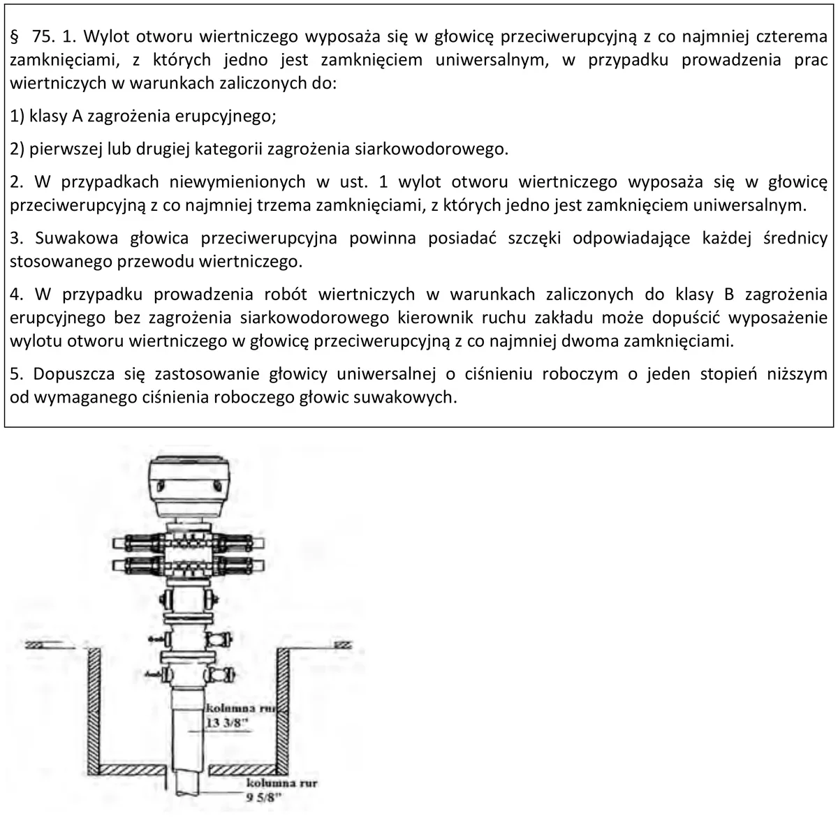 Fragment przepisów o wyposażeniu wylotu otworu w głowice przeciwerupcyjne oraz rysunek uzbrojenia wylotu otworu