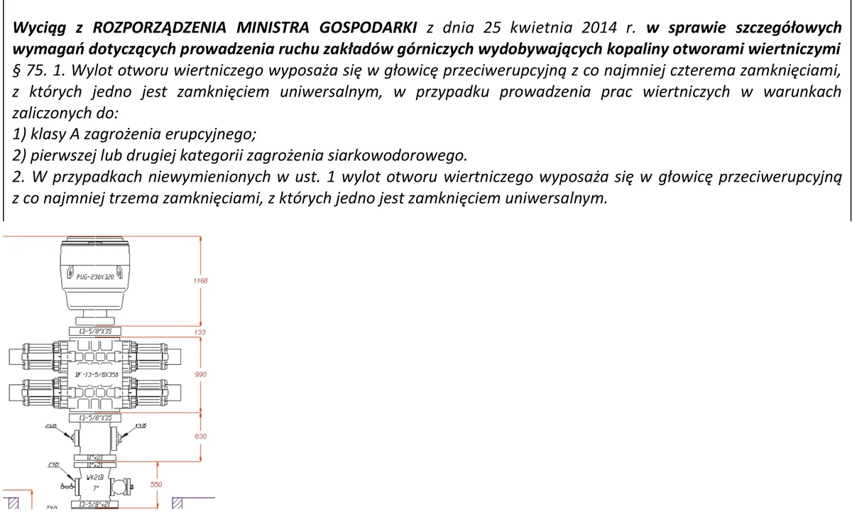 Wyciąg z rozporządzenia o wyposażeniu wylotu otworu w głowice przeciwerupcyjne oraz rysunek zestawu prewenterów