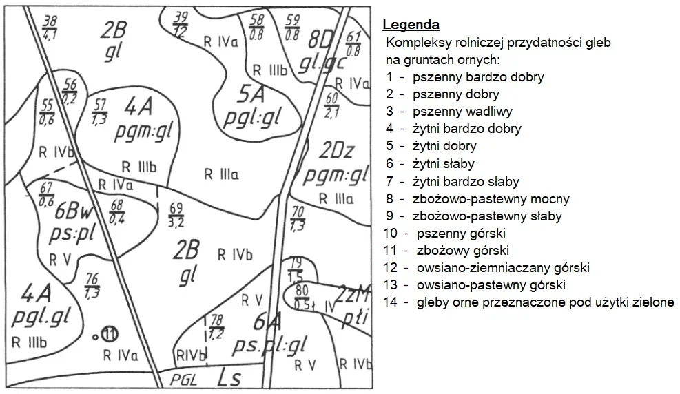 Fragment mapy glebowo-rolniczej z numerami konturów oraz legenda kompleksów rolniczej przydatności gleb