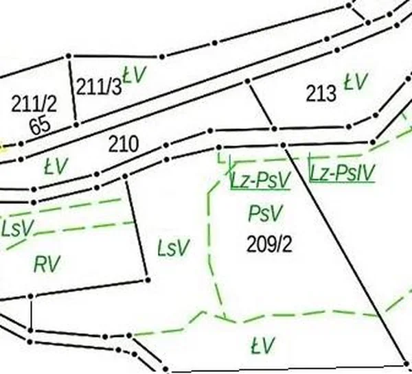 Fragment mapy z działką 209/2, sąsiednimi działkami i opisami konturów