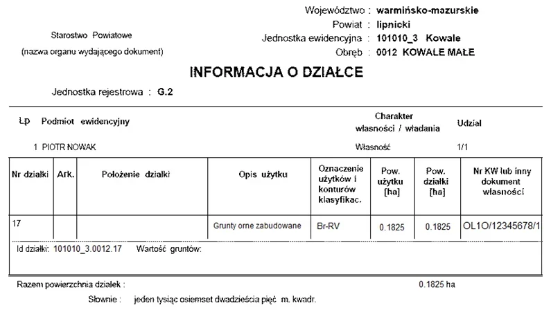 Dokument Informacja o działce 17 z danymi jednostki ewidencyjnej, obrębu, podmiotu ewidencyjnego i użytku