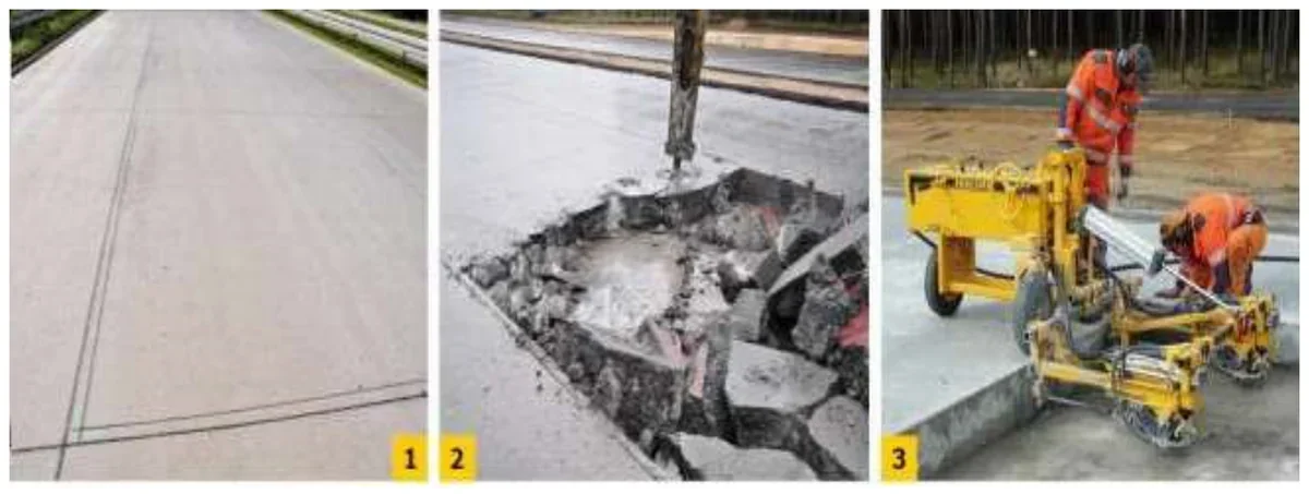 Trzy zdjęcia kolejnych etapów wymiany fragmentu płyty nawierzchni betonowej oznaczone 1-3