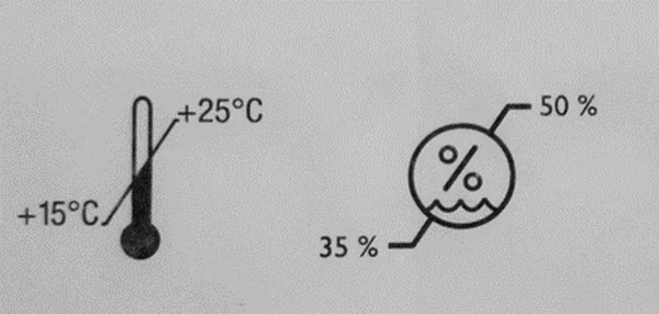 Symbole na opakowaniu: termometr z zakresem od +15°C do +25°C oraz symbol wilgotności z zakresem od 35% do 50%