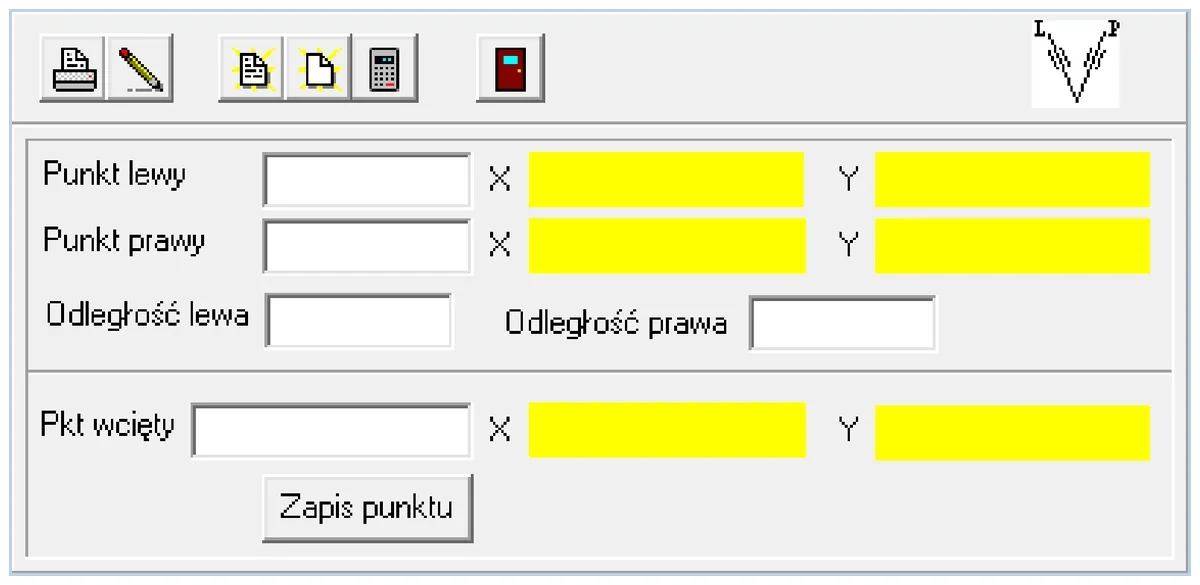 Okno programu geodezyjnego z polami Punkt lewy, Punkt prawy, Odległość lewa i prawa oraz Pkt wcięty